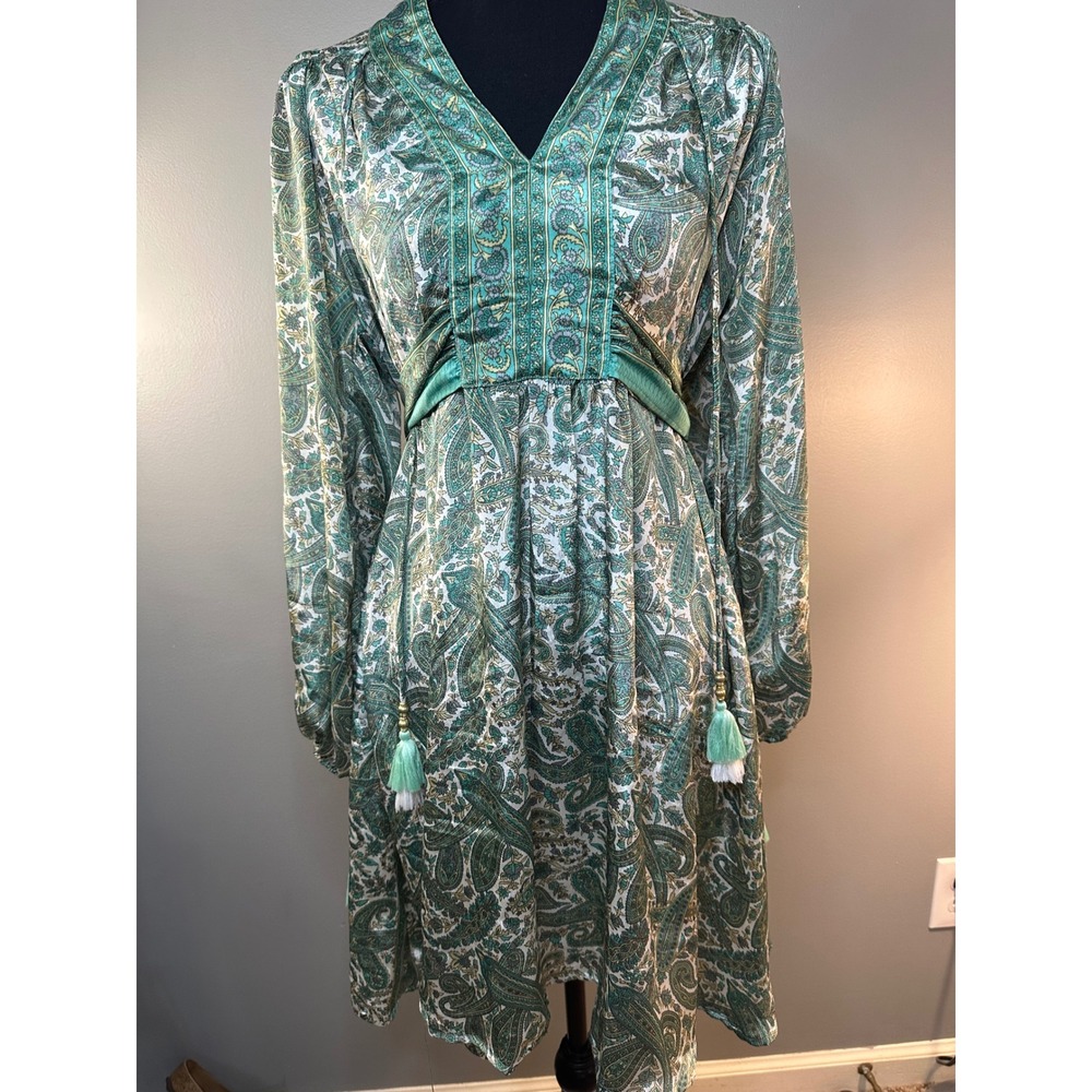 Pahiesa Formentera Green Paisley V-Neck Tassel Boho Mini Dress Womens‎ xsmall 3
